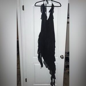 BRAND NEW PRETTY LITTLE THING BLACK PLUNGE FRILL CHIFFON DRESS